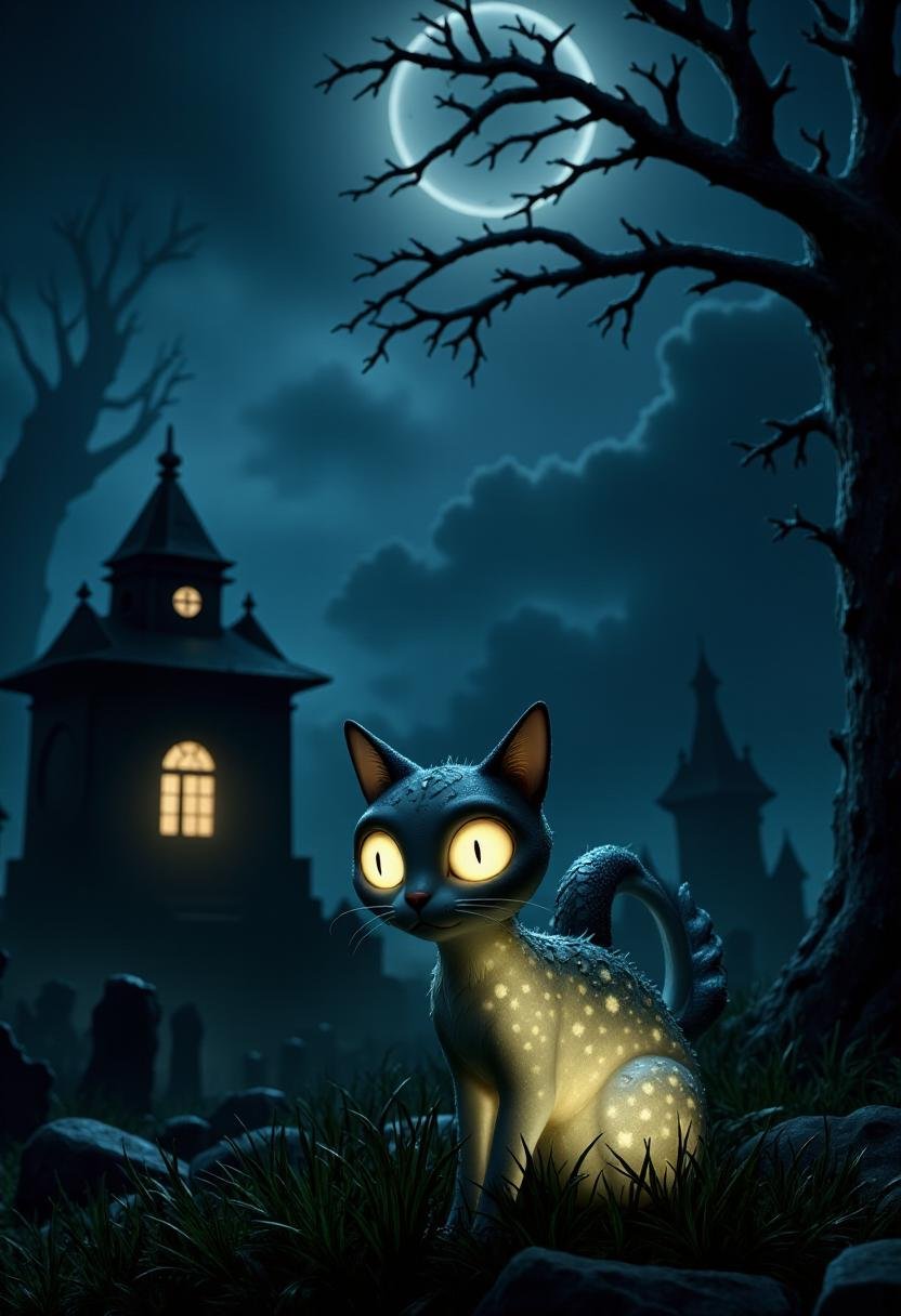 <lora:DetailAnimals:0.6> <lora:Tim_Burton_Style_FX-000001:0.8> tburton_style,  luminescent cat in a cemetery. 