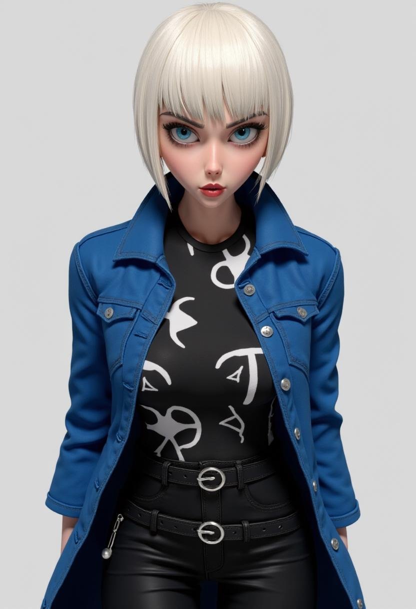 <lora:Tim_Burton_Style_FX-000001:1> tburton_style,  A female character with short straight platinum blonde hair cut neatly and intense blue eyes. She wears a blue denim jacket a black and white shirt and black leather pants with a silver-buckled belt