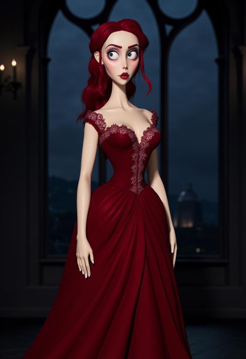 <lora:Tim_Burton_Style_FX-000001:1>  tburton_style, a stylized, gothic-inspired character. The subject is a pale-skinned, elongated woman with a deathly complexion, dressed in a long, flowing red dress adorned with intricate lace and a delicate floral pattern. Her eyes are wide open, with a melancholic expression, and she has long, red hair styled in loose, wavy curls. She has a very large bust and wide hips that the dress clings to. She stands in a gothic cathedral at night.