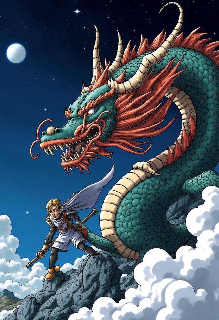 <lora:Akira_Toriyama_Style_FX-000001:1>toriyama_style, a fearsome-looking ancient chinese dragon with red eyes looking large in a night sky with stars and clouds.