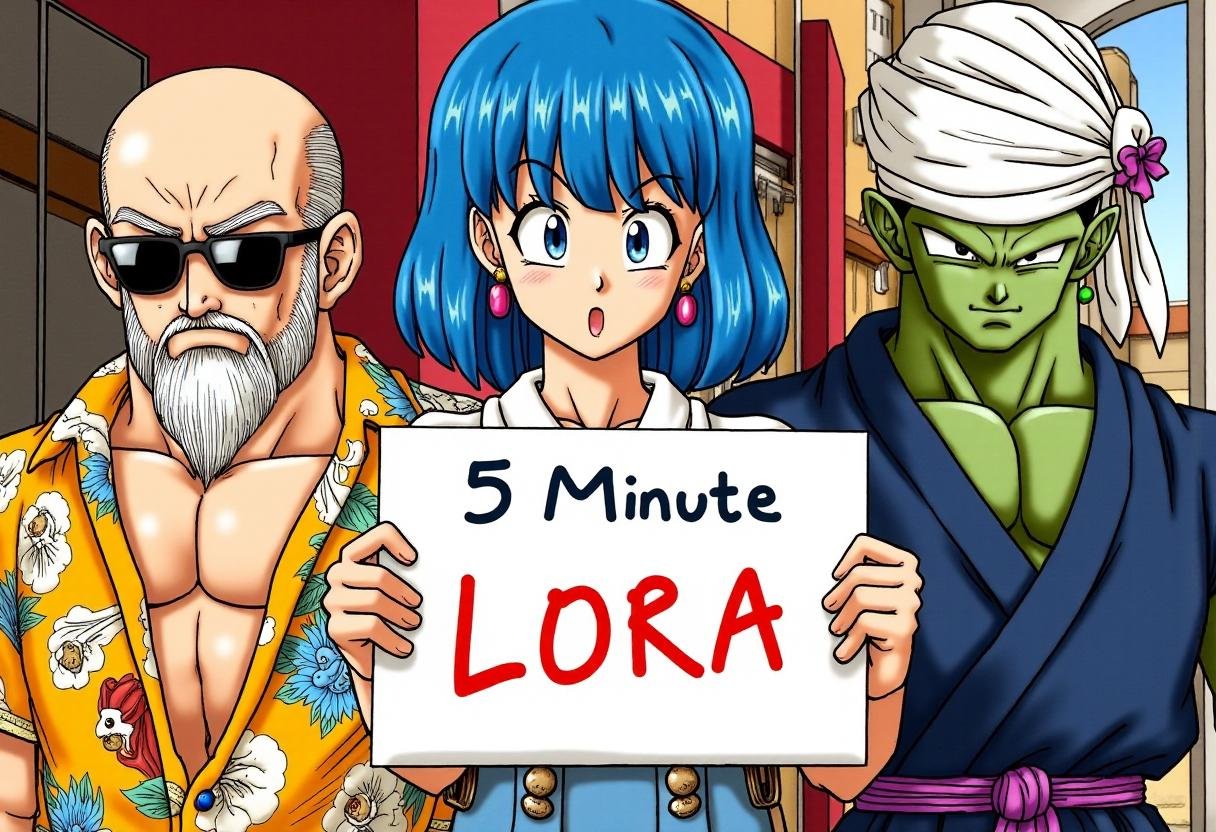 <lora:Akira_Toriyama_Style_FX-000001:1>toriyama_style, manga style.A blue-haired woman holding a sign that says "5 Minute LoRA". To her right is an old, wrinkled bald man with sunglasses and a white beard wearing a hawaiian shirt, and to her left is  a tall, muscular humanoid alien with dark green skin, a navy blue martial artist's outfit, and a white turban.