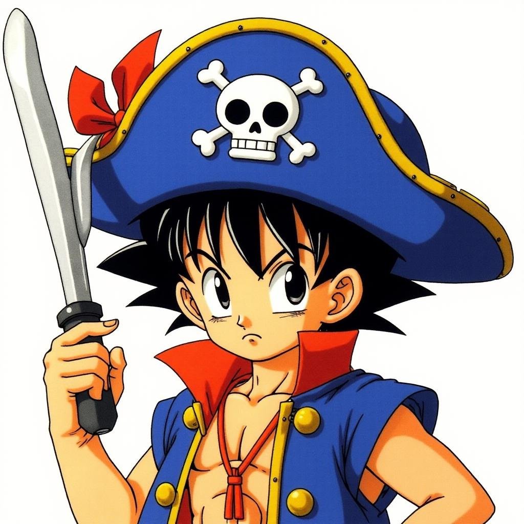 <lora:Akira_Toriyama_Style_FX-000001:1>toriyama_style. A Japanese manga scene featuring a young boy with spiky black hair, wearing a large, blue pirate hat adorned with a skull and crossbones emblem. 