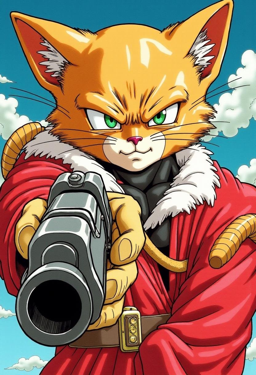 <lora:Akira_Toriyama_Style_FX-000001:1>toriyama_style, A (cat:1.2) pointing a gun at the viewer