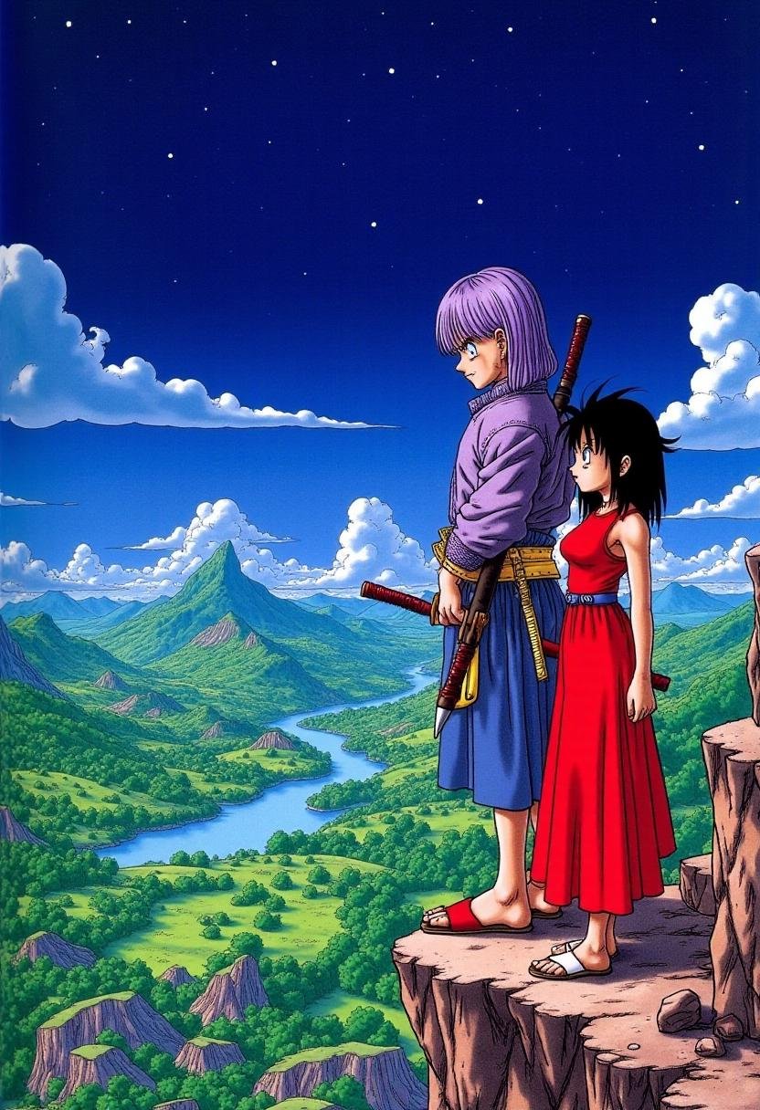 <lora:Akira_Toriyama_Style_FX-000001:1>toriyama_style, manga style. A fantastical scene under a starry night sky. The scene features a man and a woman standing on a precarious, rocky outcropping overlooking a sprawling, fantastical landscape. The man has straight purple hair and blue eyes, while the woman has spiky dark hair. The man is wearing a bomber jacket and a sheathed katana, while the woman is wearing a sleeveless red dress. 