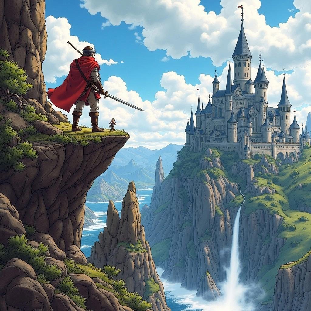 toriyama_style, A  medieval warrior with a sword stands atop a rocky cliff, looking towards a dark castle in the distance