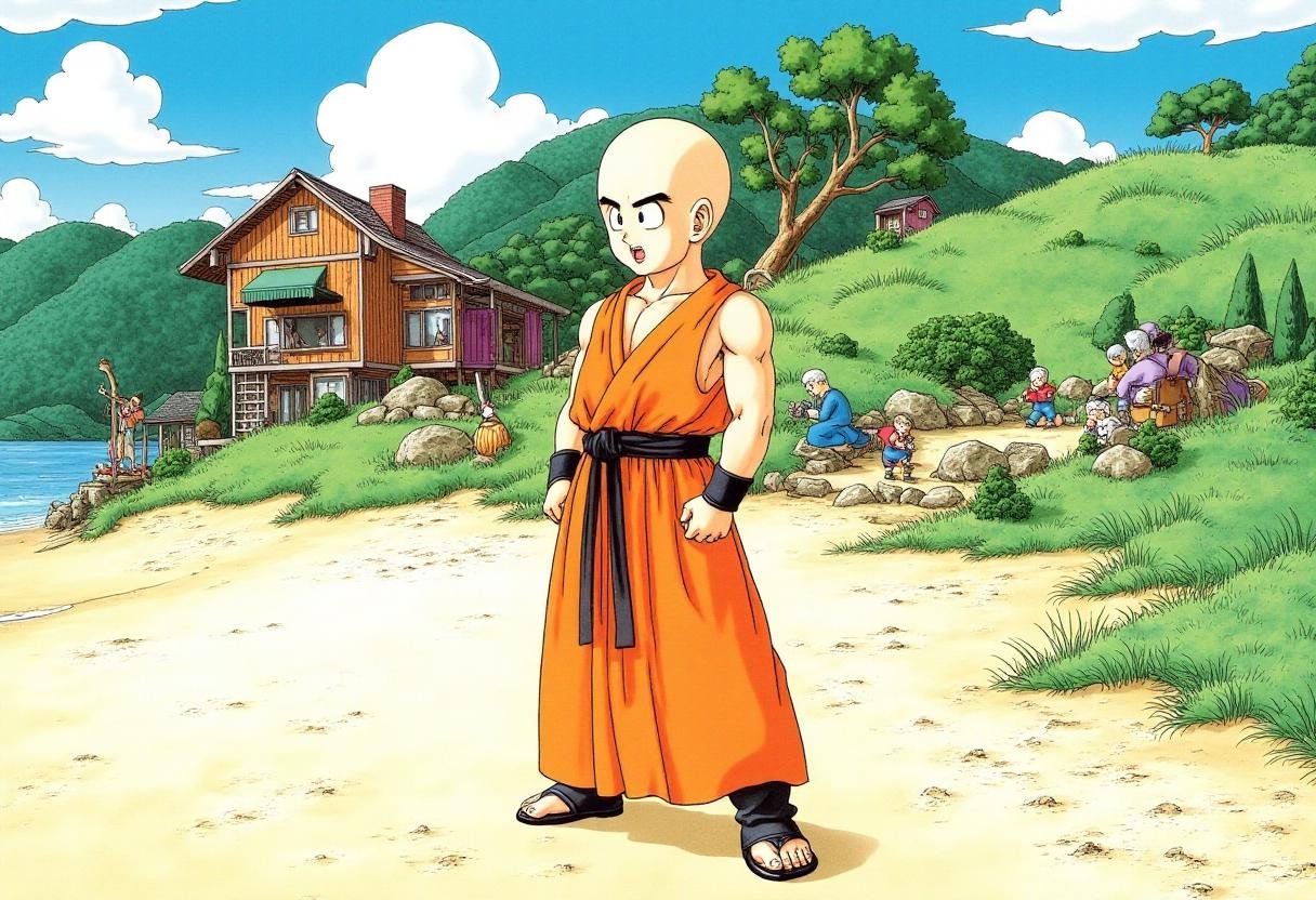 <lora:Akira_Toriyama_Style_FX-000001:1>toriyama_style, manga style. A short man with a bald head stands on a beach with a cottage and garden behind him. He is wearing orange sleeveless martial artist robes. 