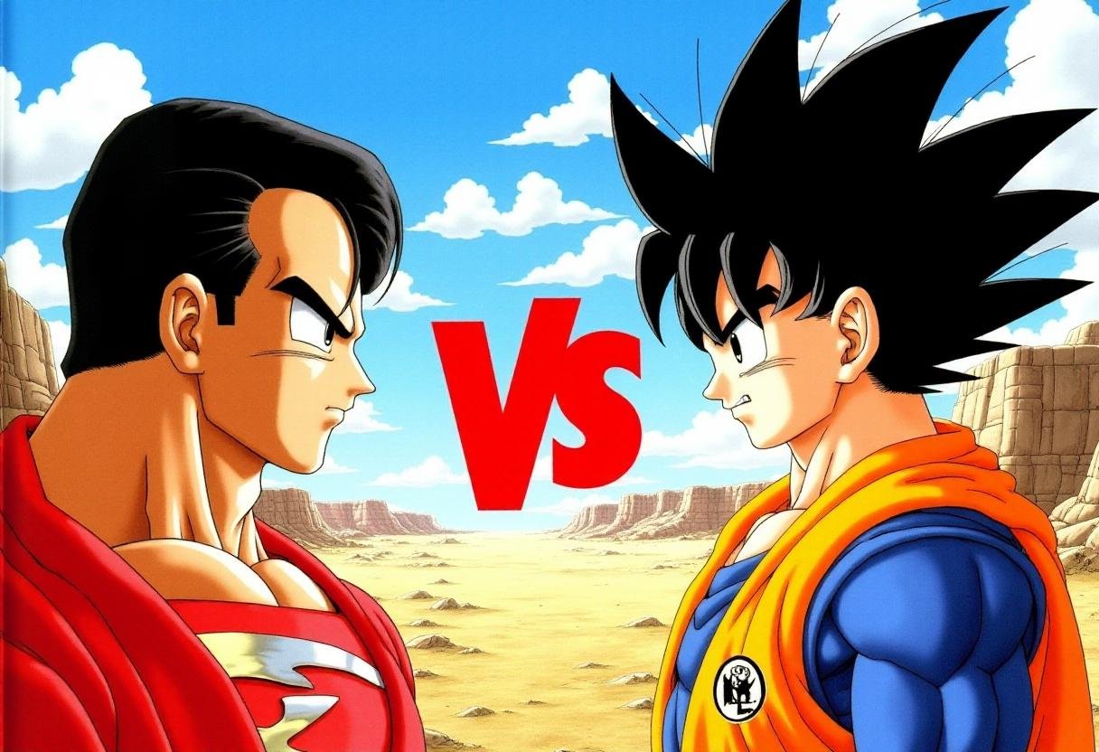 <lora:Akira_Toriyama_Style_FX-000001:1>toriyama_style, portrait of (Superman:1.2) on the left side of the image, with a portrait of Goku on the right side of the image, and the letters "VS" in red between them. The background is of a desolate wasteland on a sunny day.