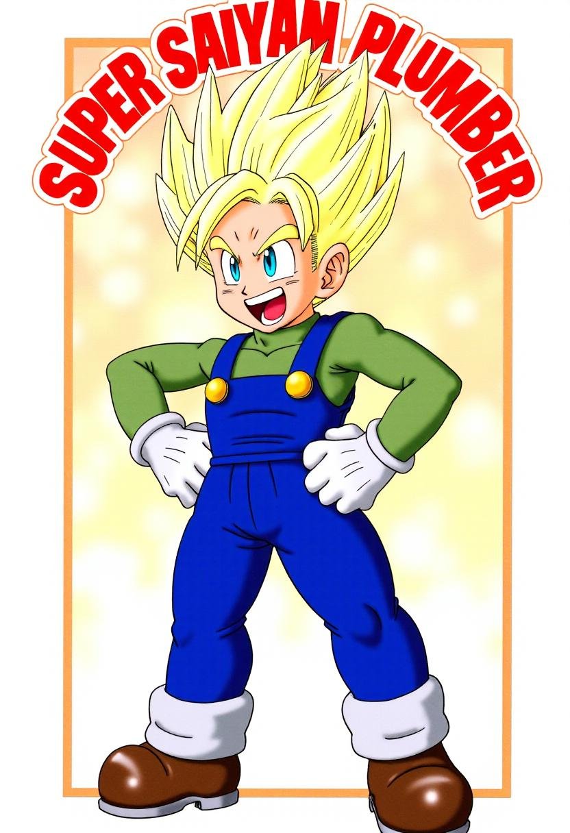 <lora:Akira_Toriyama_Style_FX-000001:1>toriyama_style, Luigi with his hair turned platinum blonde, his eyes glowing blue, standing in a battle stance with legs spread shoulder-width and his fists on either side of his hips. Above him are the words "SUPER SAIYAN PLUMBER"