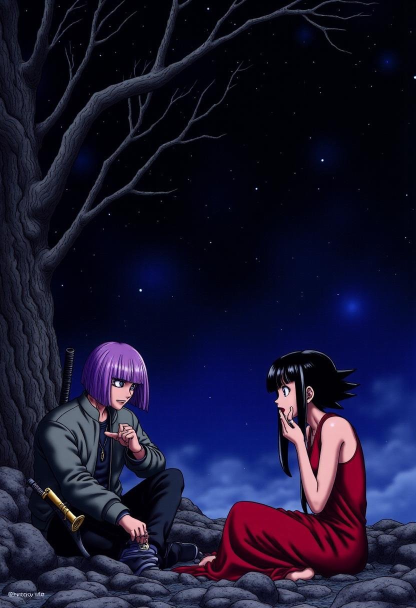 <lora:Akira_Toriyama_Style_FX-000001:1>toriyama_style, manga style. A fantastical scene under a starry night sky. The scene features a man and a woman sitting on  rocky ground under a tree without leaves. The scene is dark and dimly lit. The man has straight purple hair and blue eyes, while the woman has spiky dark hair. The man is wearing a bomber jacket and a sheathed katana, while the woman is wearing a sleeveless red dress. 