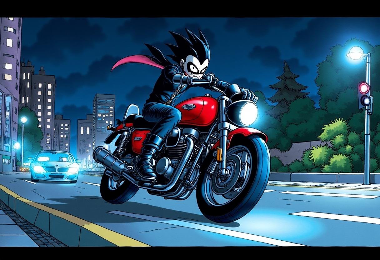 <lora:Akira_Toriyama_Style_FX-000001:1>toriyama_style, manga style. Nightwing riding on a motorcyle through city streets at night. There are motion blue lines, and streetlight illuminating the way. 