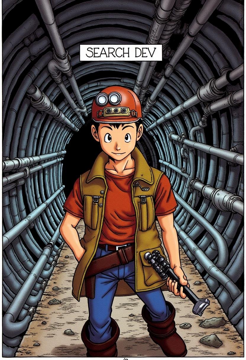 <lora:Akira_Toriyama_Style_FX-000001:1>toriyama_style, an engineer wearing a brown leather jack and holding a wrench, standing inside a tunnel full of pipes. The words "SEARCH DEV" appear above him.