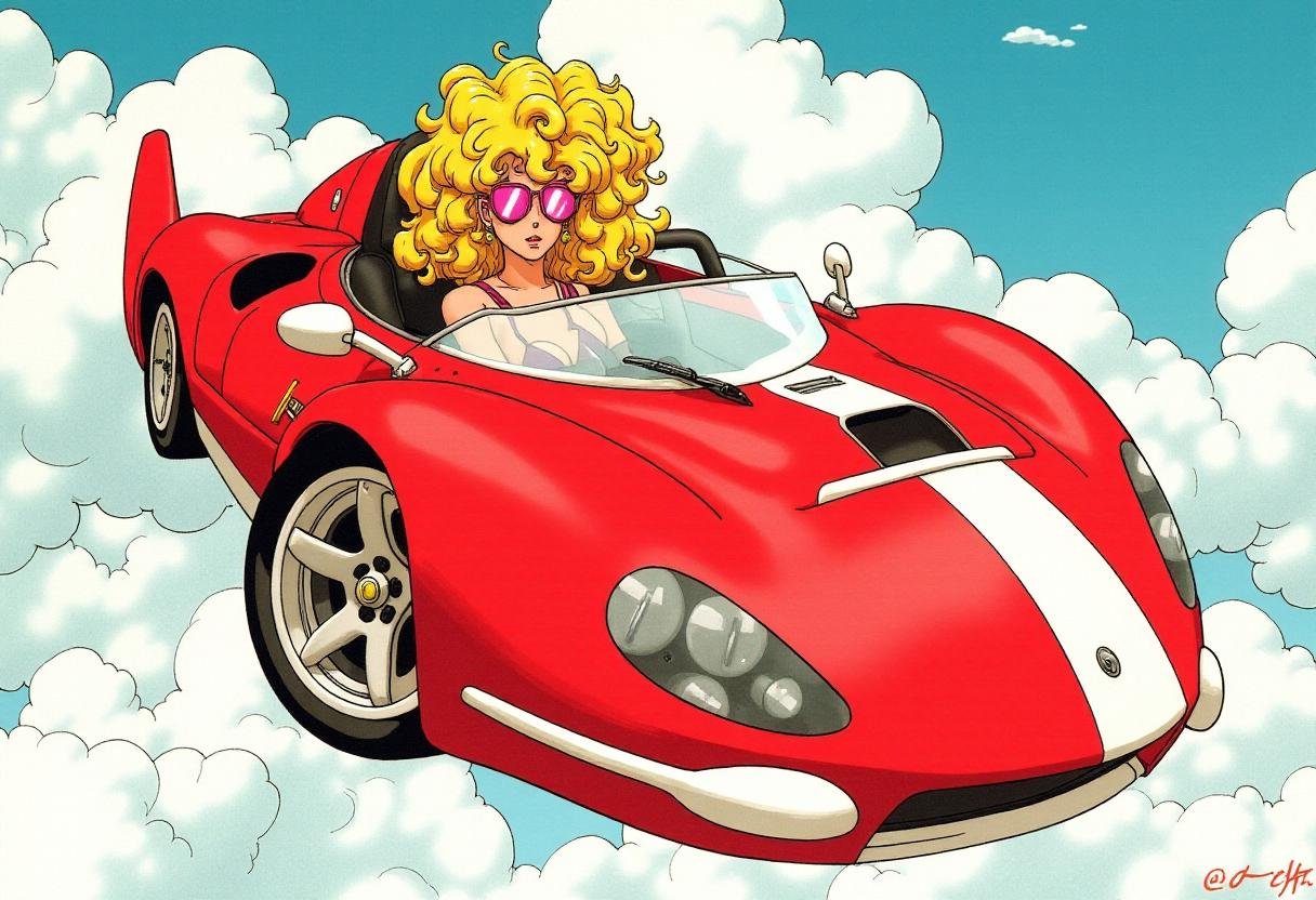 <lora:Akira_Toriyama_Style_FX-000001:1>toriyama_style, manga style. A woman with curly, voluminous blonde hair and pink sunglasses rides in a futuristic flying sports car painted red with a white racing stripe. 