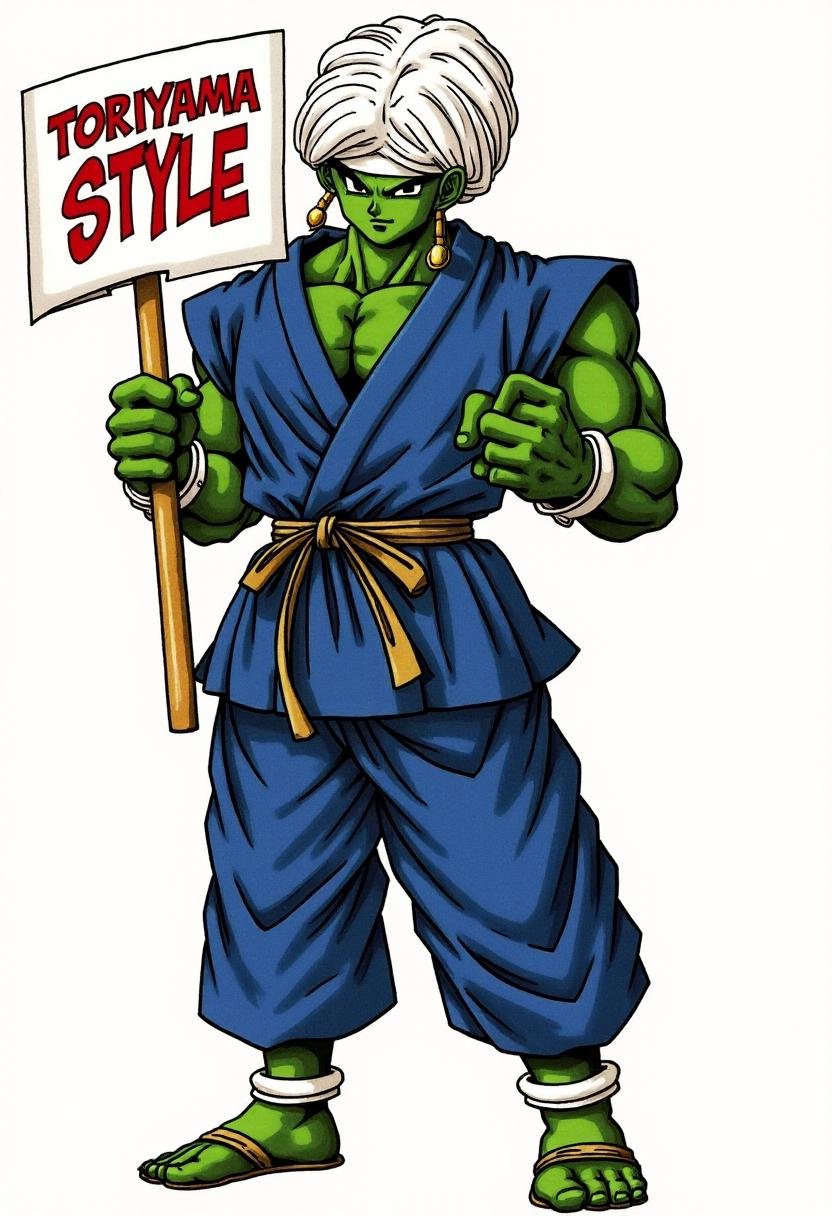 <lora:Akira_Toriyama_Style_FX-000001:1> toriyama_style, manga style. A tall muscular humanoid alien with dark green skin a navy blue martial artist's outfit and a white turban holds a sign that reads, "TORIYAMA STYLE"