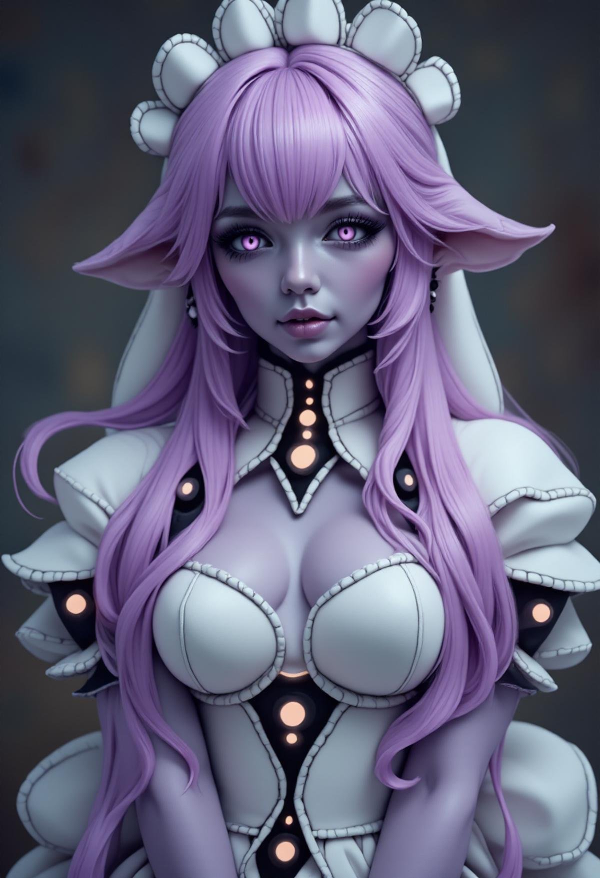 <lora:Shoggoth_Monster_Girl_-_Flux:1> A dslr photograph of Shogg0th wearing her maid headdress, lavender colored skin, realistic, fashion photography, highly detailed.