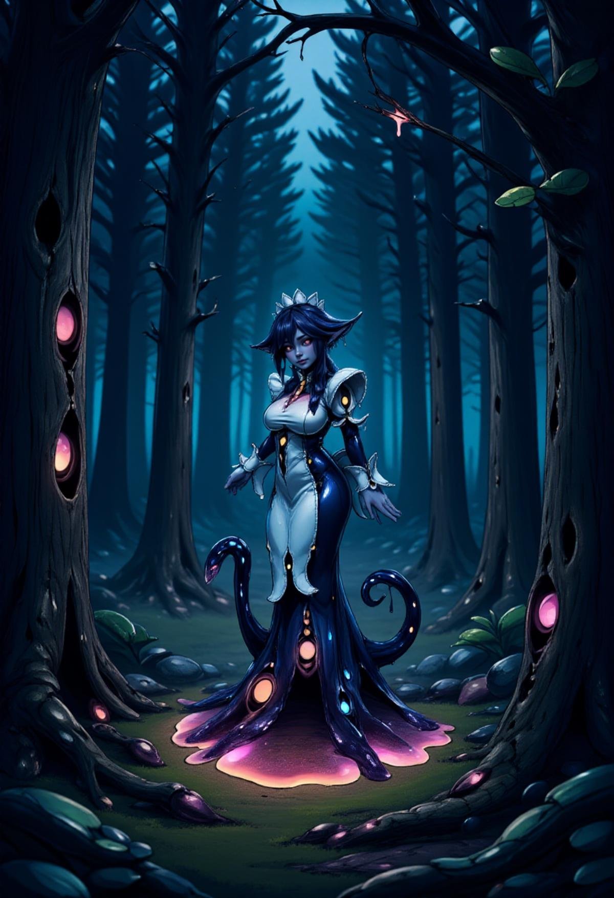 <lora:Shoggoth_Monster_Girl_-_Flux:1>  image of shogg0th with a maid_dress, standing in a forest grove in the middle of the night <lora:RealisticAnimeFlux_v2:0.8>