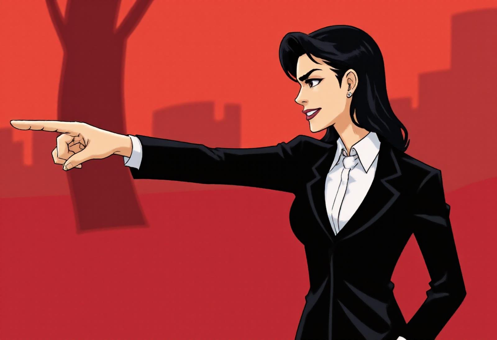 <lora:Phoenix_Wright_Objection_Pose:1> pwobjectionpose, hhstyle drawing, A woman in a formal black suit and a white blouse stands in hell, striking a confident pwobjectionpose with her index pointing forward. The image style is hhstyle with flat bold colors, and sharp clean lines. <lora:Helluva_Hotel_Style:1> 