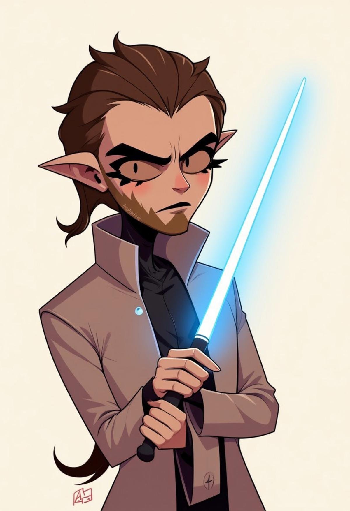 (hhstyle:1.2), cartoon, a jedi with a brown beard and sleeveless robe, holding a single blue lightsaber, drawn in hhstyle. 