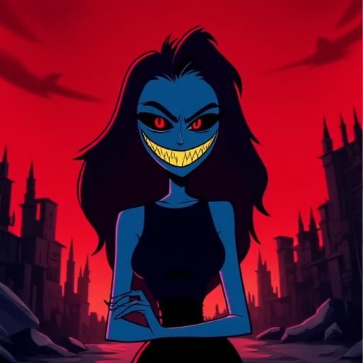 hhstyle animation upper body picture of a blue-skinned female demon showing her sharp teeth. She has yellow sclera and a red pupil. She is wearing a black sleeveless dress and her arms are crossed in front of her waist. The background is that of a city in hell with broken and run down black buildings and a red sky.