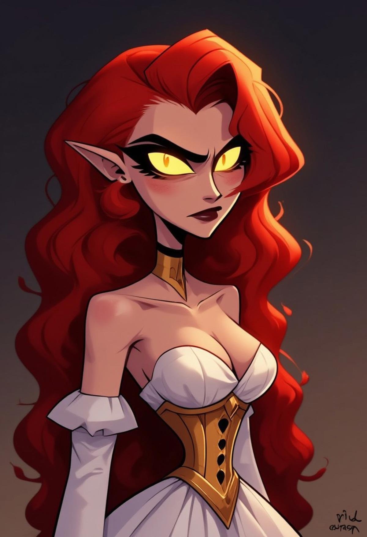 (hhstyle), a female elf with curly red hair, with glowing golden eyes, wearing a gold corset over a strapless white dress, with a smug expression