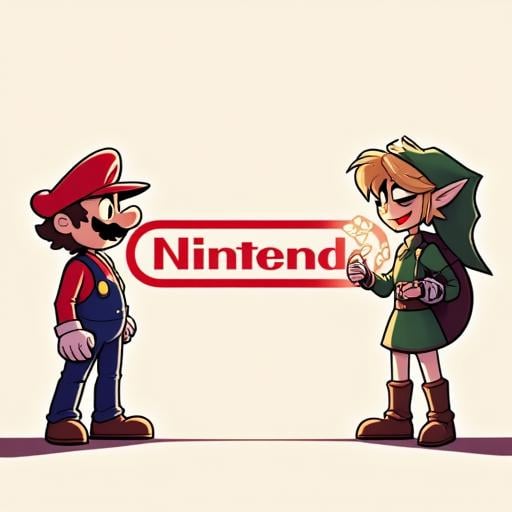 hhstyle animation picture of Mario and Link standing on either side of the Nintendo logo.