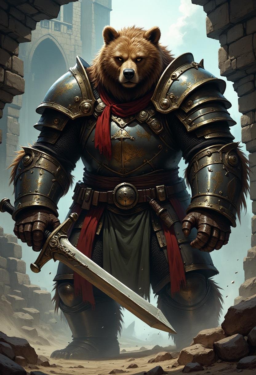 <lora:Flux_Fantasy_Portraits:0.7> alieffp_style,  a large grizzly bear knight with heavy armor wielding a greatsword in a castle.