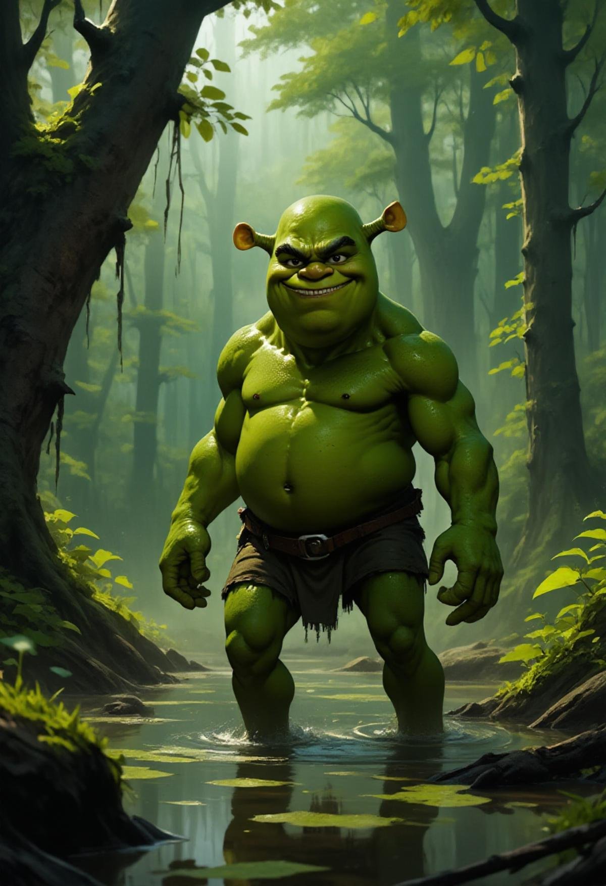 <lora:Flux_Fantasy_Portraits:1> alieffp_style Shrek looking menacing in a swamp