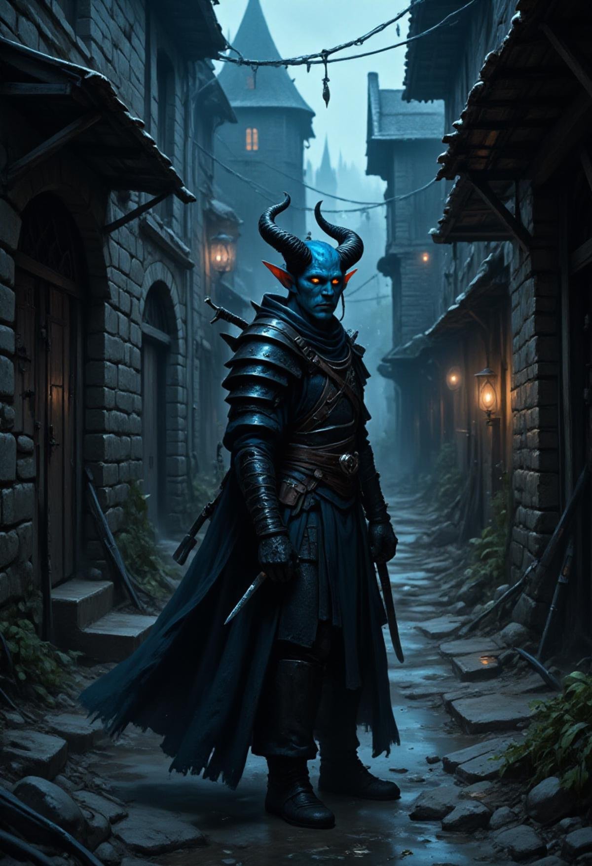 <lora:Flux_Fantasy_Portraits:1> alieffp_style A blue-skinned tiefling rogue with black horns lurking in a dark alley in a gritty fantasy town