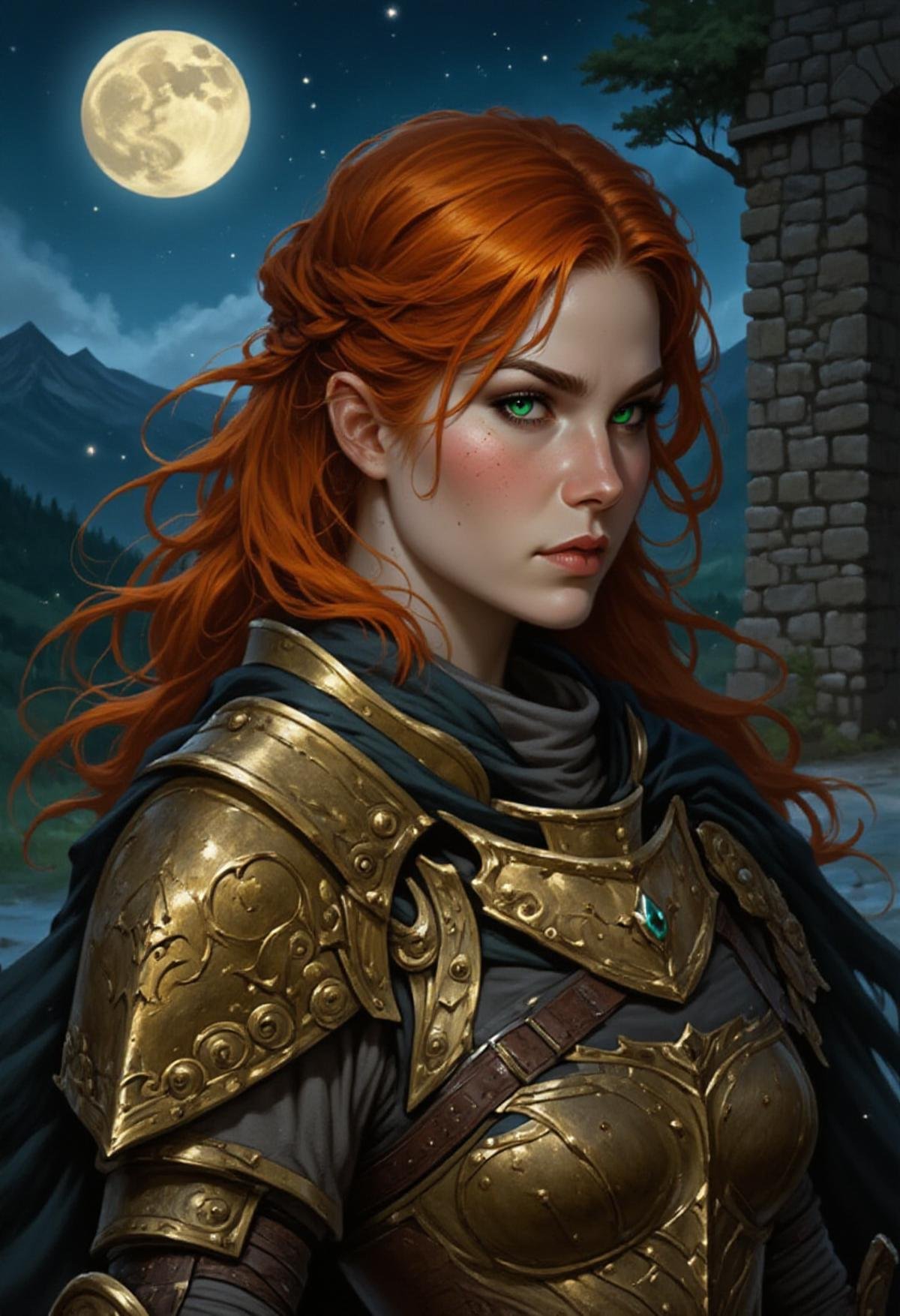 <lora:Flux_Fantasy_Portraits:1> alieffp_style profile view art of a red haired, green eyed female knight wearing golden armor, standing outside a stone castle keep at night, with a full moon and stars in the sky.