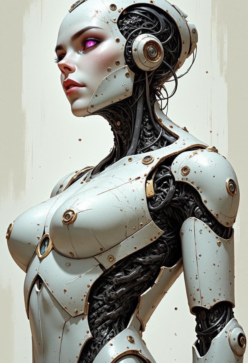 <lora:Flux_Fantasy_Portraits:0.7> alieffp_style,  upper body illustration of a female (Android:1.3). She has a scuffed and dirty white mechanical metallic body, that is highly intricate but worn down, showing exposed wires. Her face is robotic and inhuman, with glowing pink lights for her eyes. 