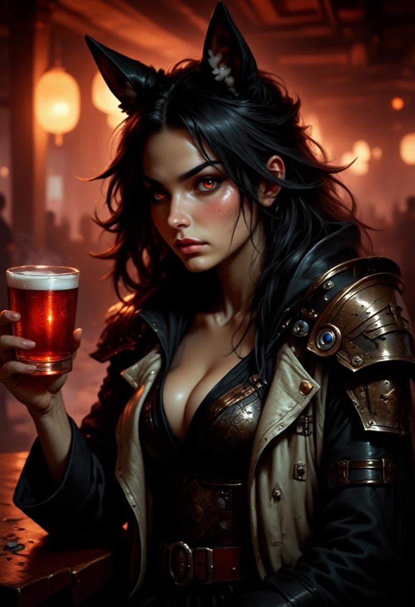 <lora:Flux_Fantasy_Portraits:1> alieffp_style, attractive anthro robot wolf girl in getting drunk at a bar. 