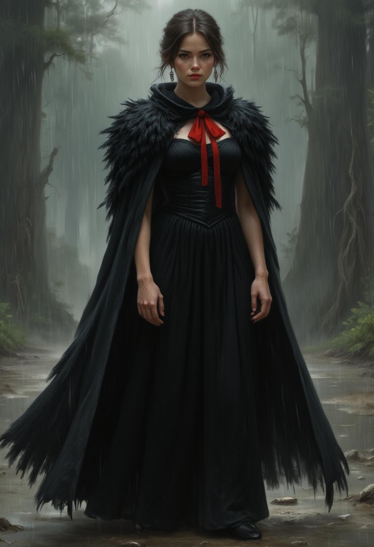 <lora:Flux_Fantasy_Portraits:1> alieffp_style A painting of a woman is standing in the rain. The woman is wearing a black dress with a cape over it. The cape is black and has feathers on it. There is a red ribbon around the neck of the dress. The ground is wet and there are raindrops on the ground.