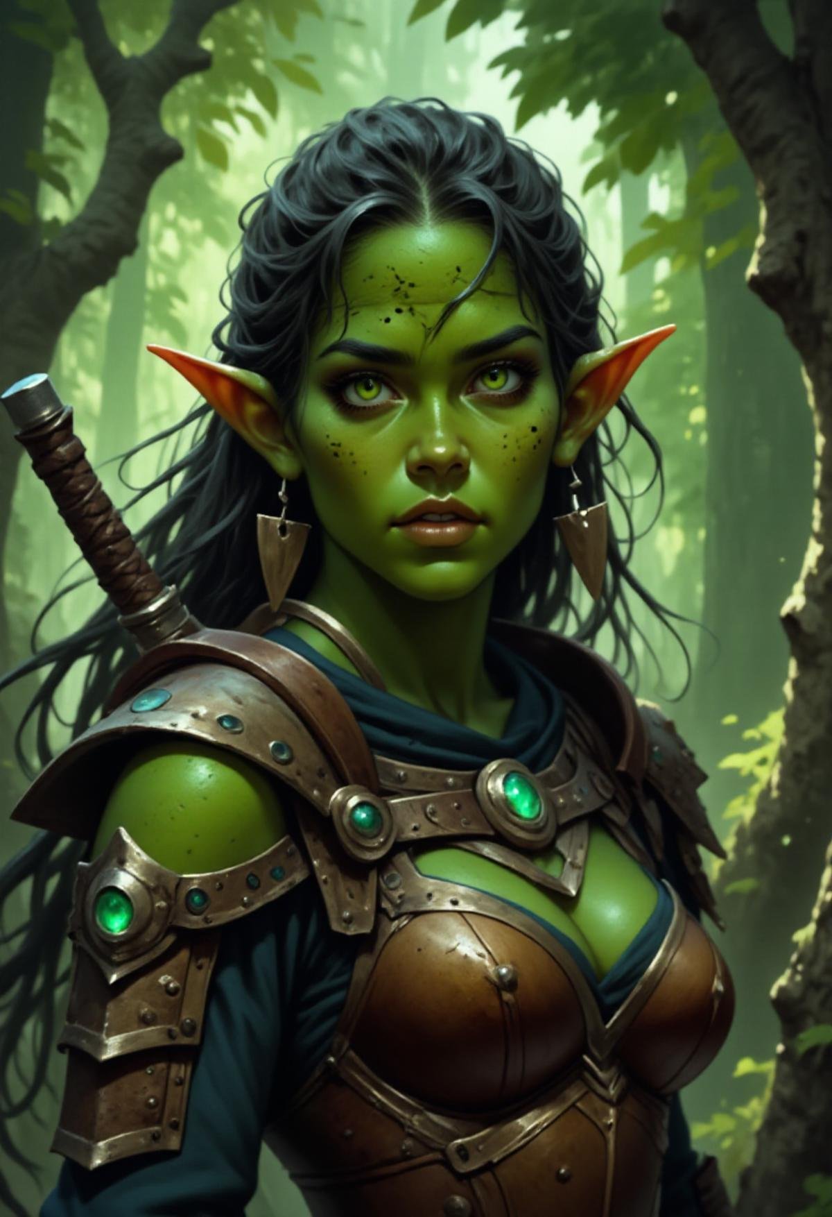 <lora:Flux_Fantasy_Portraits:1> alieffp_style, portrait of a green-skinned orc woman wearing leather armor, in a forest background