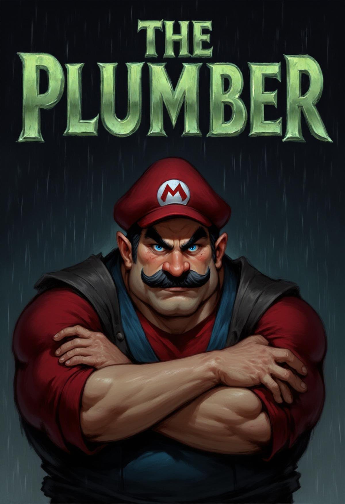 <lora:Flux_Fantasy_Portraits:1> alieffp_style A 2d upper body portrait of Mario crossing his arms, his face having a stern expression, rain falling down at night. Steel Letters above him spell "THE PLUMBER"