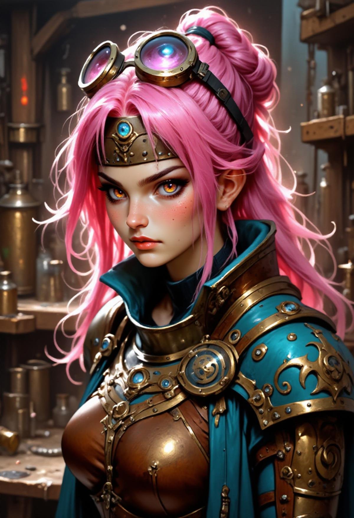 <lora:Flux_Fantasy_Portraits:1> alieffp_style Portrait of a pink-haired halfling woman with steampunk goggles on top of her head and wearing steampunk attire, in a fantasy alchemist's mechanical workshop