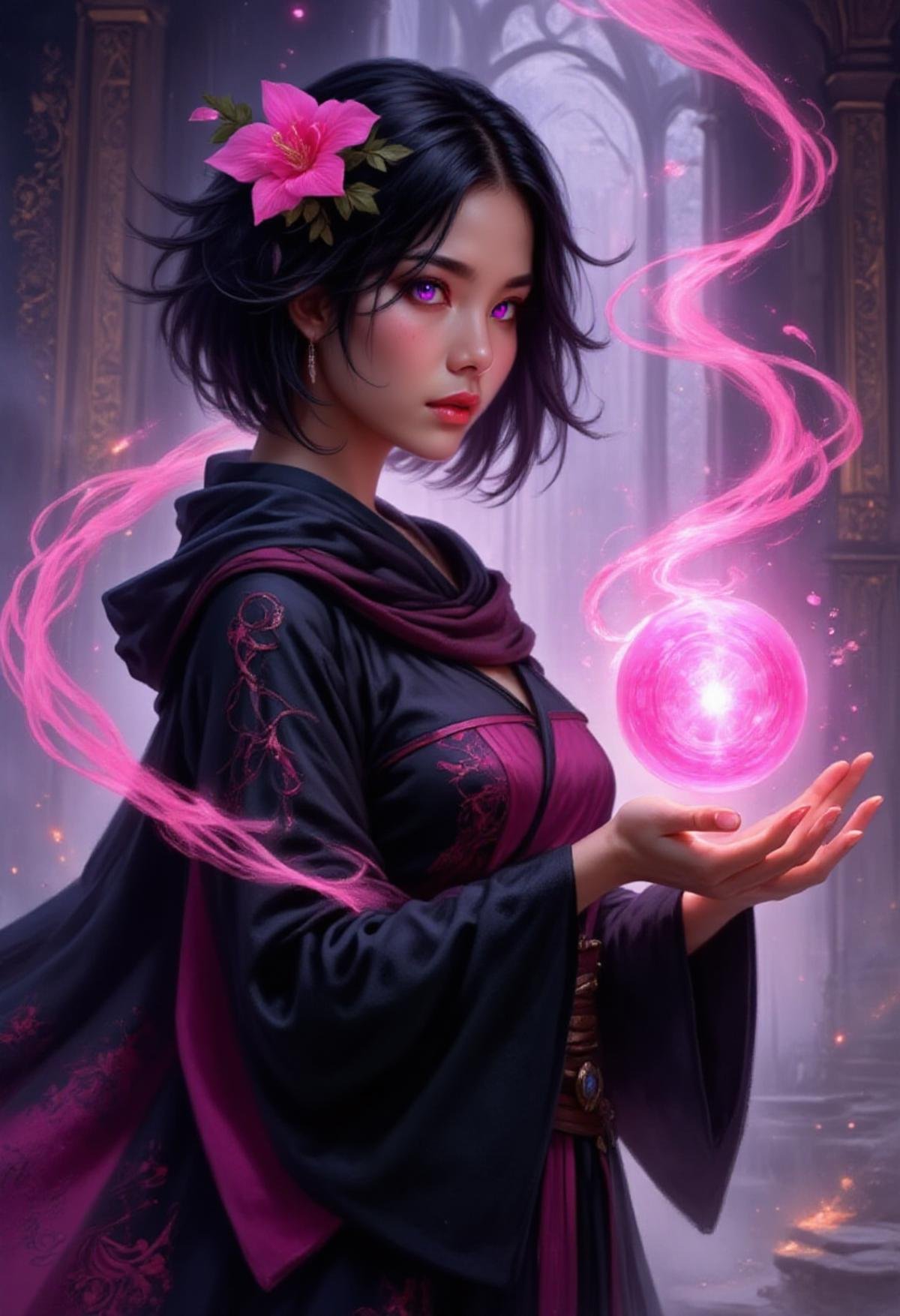 <lora:Flux_Fantasy_Portraits:1> alieffp_style fantasy art of an asian human woman in black mage's robes. Pink magical currents swirl around her. She has bright purple eyes, short black hair, and a pink flower in her hair. There's a pink ball of magical aura in her palms