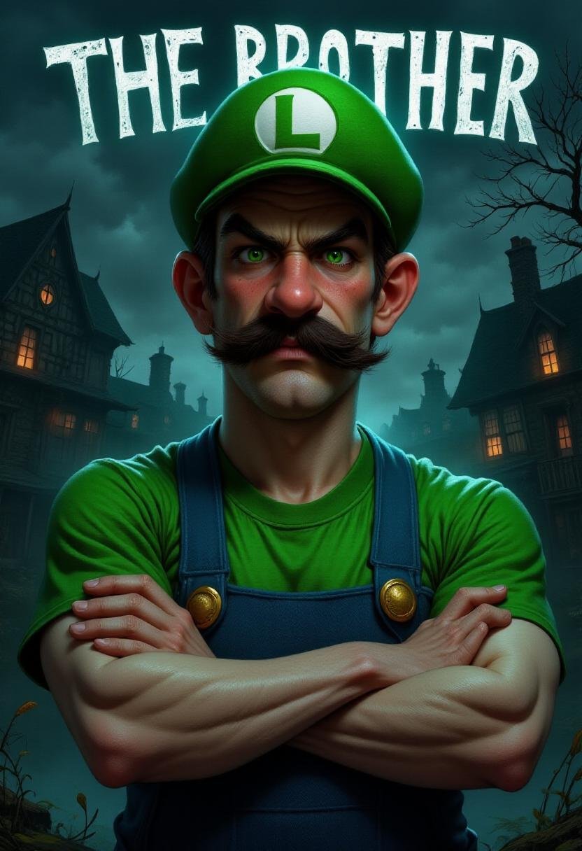 <lora:Flux_Fantasy_Portraits_V3:0.8> alieffp, A 2d upper body portrait of Luigi crossing his arms, his face having a stern expression, in front of a haunted house. Steel Letters above him spell "THE BROTHER"