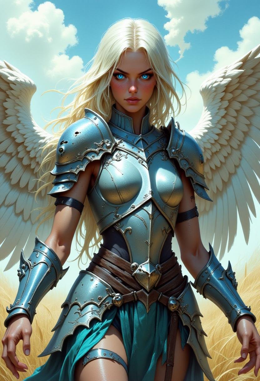 <lora:Flux_Fantasy_Portraits_V3-e13:1> alieffp, art of a white haired, blue eyed female paladin wearing scuffed armor, with angel wings spread behind her. She has a fierce expression, and there is a field behind her. 