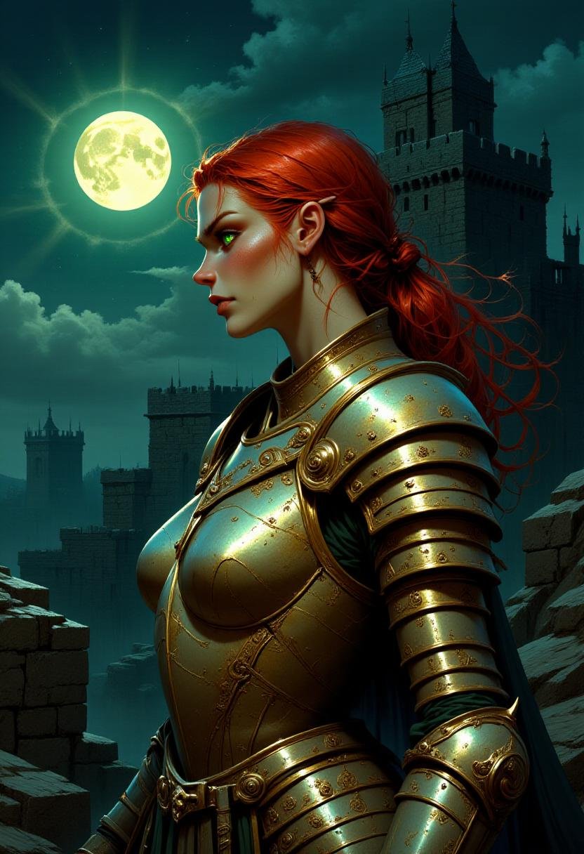 <lora:Flux_Fantasy_Portraits_V3-e13:1> alieffpm profile view art of a red haired, green eyed female knight wearing golden armor, standing outside a stone castle keep at night, with a full moon and stars in the sky. 