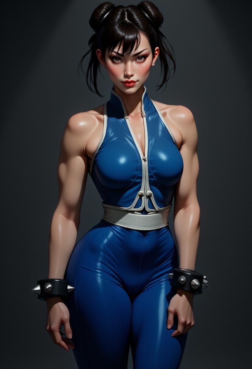 <lora:Flux_Fantasy_Portraits_V3:0.6> alieffp,<lora:Chun-Li_Classic_V1.0:1> dramatic portrait of chunli, wearing her blue sleeveless halter top, blue-full-leotard and spiked bracelet. 