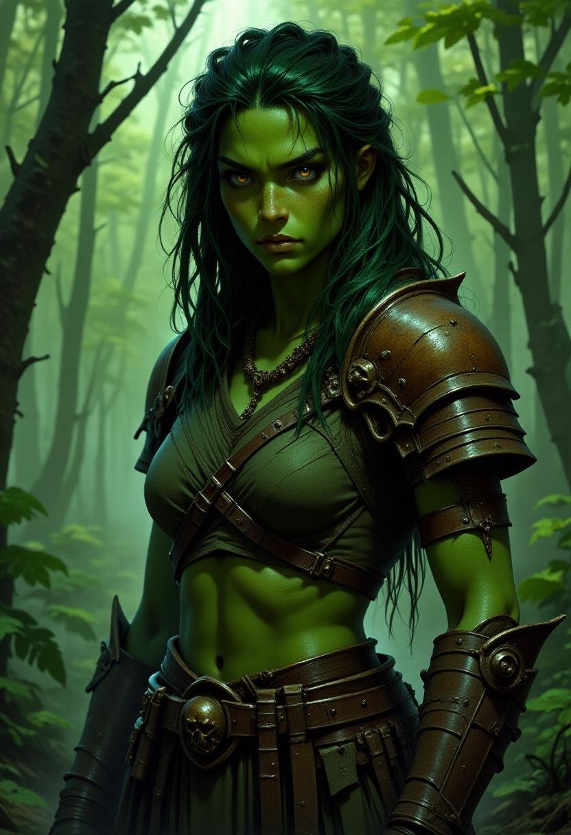 <lora:Flux_Fantasy_Portraits_V3-e13:1> alieffp, portrait of a green-skinned orc woman wearing leather armor, in a forest background 