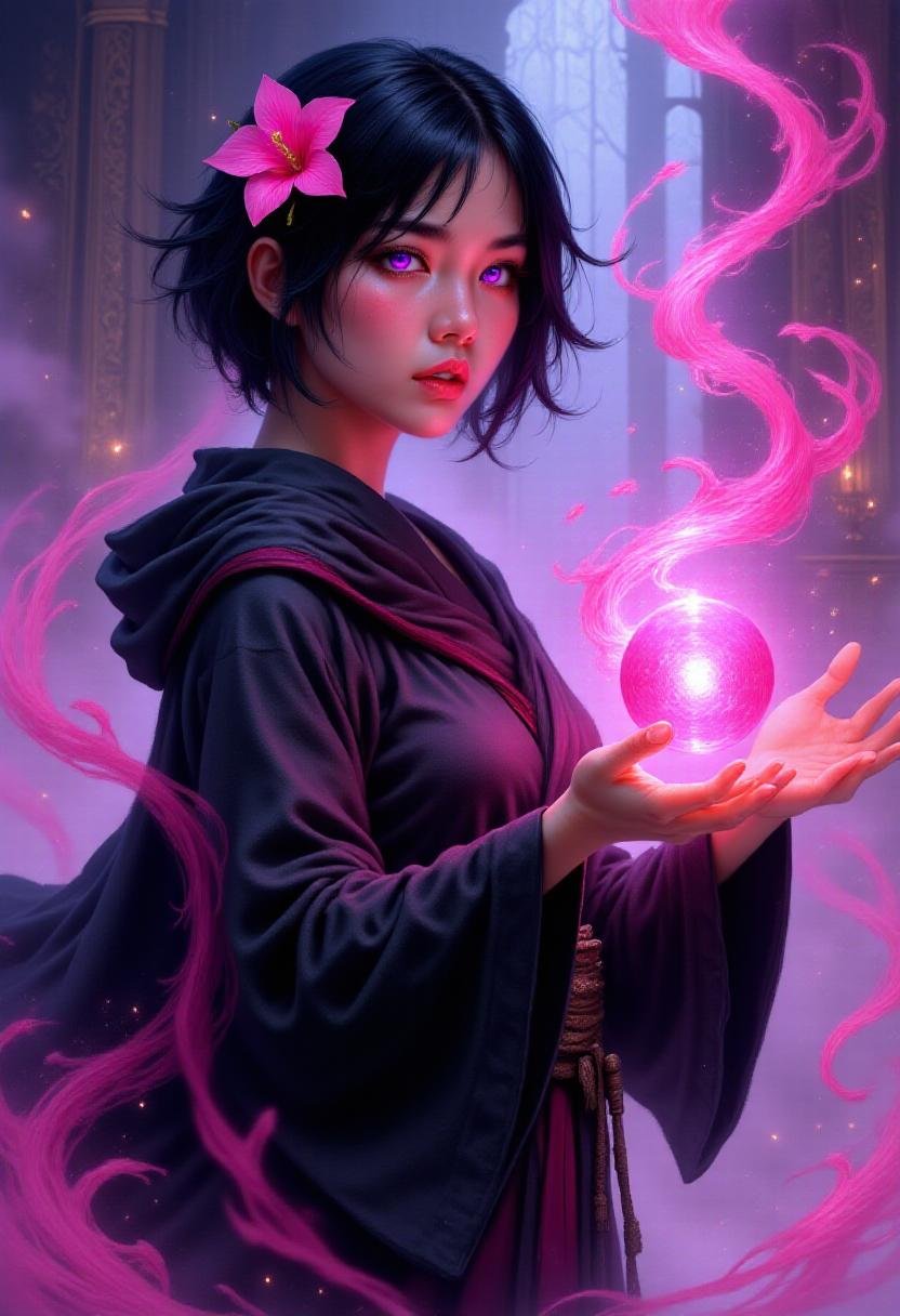 <lora:Flux_Fantasy_Portraits_V3-e13:1> alieffp, fantasy art of an asian human woman in black mage's robes. Pink magical currents swirl around her. She has bright purple eyes, short black hair, and a pink flower in her hair. There's a pink ball of magical aura in her palms 