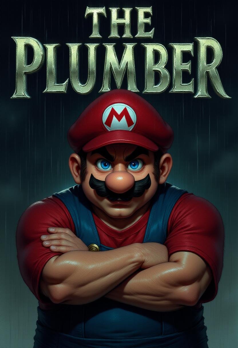 <lora:Flux_Fantasy_Portraits_V3-e13:1> alieffp, A 2d upper body portrait of Mario crossing his arms, his face having a stern expression, rain falling down at night. Steel Letters above him spell "THE PLUMBER" 