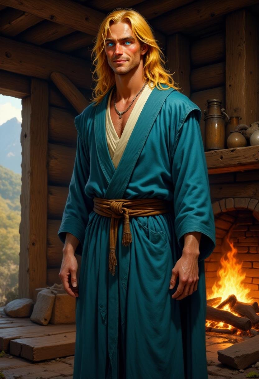 <lora:Flux_Fantasy_Portraits_V3-e13:1> alieffp, Concept Art of a tall clean-shaven (male:1.2) with long yellow hair, pale blue eyes, a strong jaw and cheerful smile. He is wearing fine colorful blue robes. He is in a wood log cabin by a fireplace. 