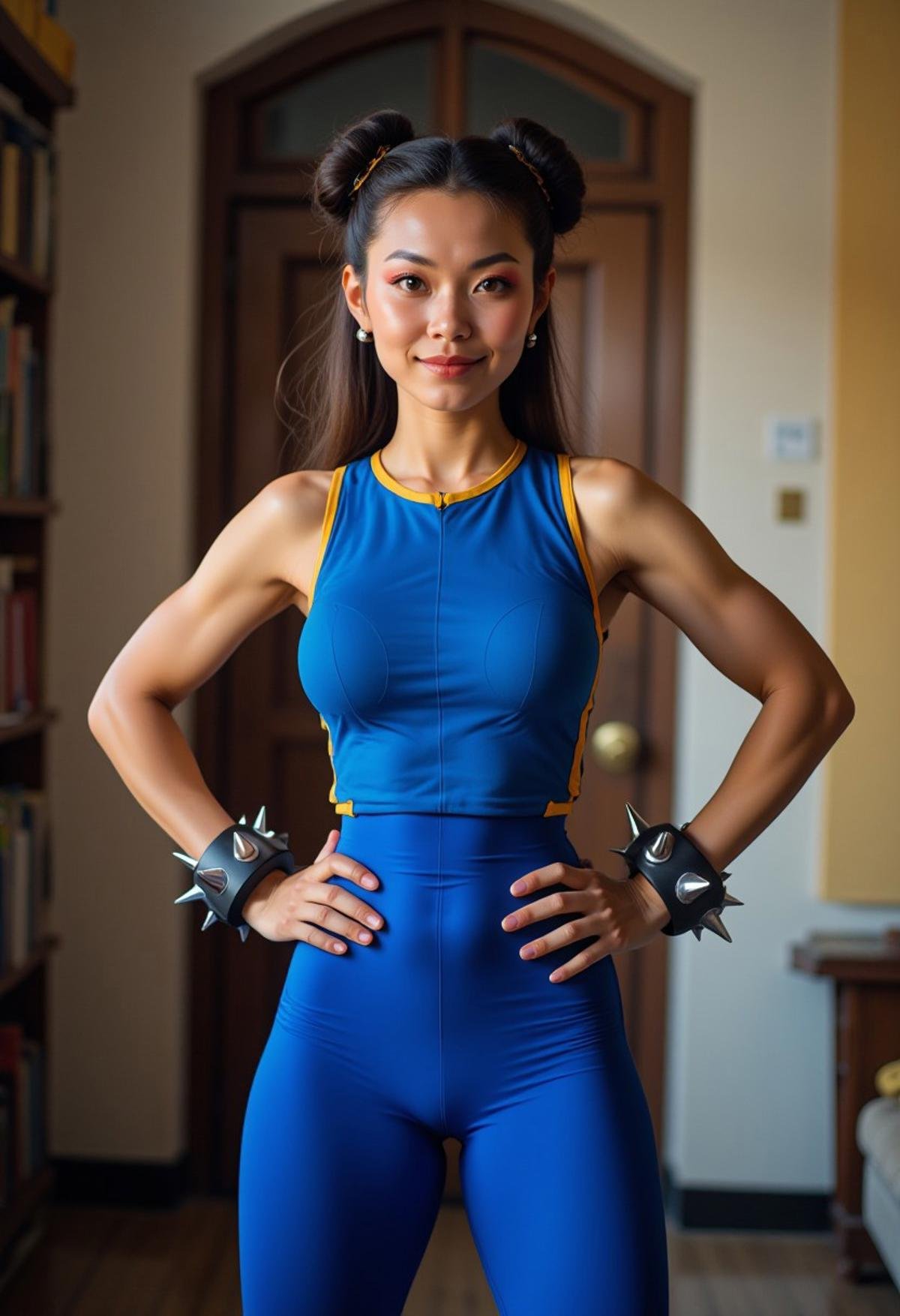 Chunli wearing sleeveless blue top, tight blue leggings that reach her top, hands on hips, spiked bracelet, full body, indoors