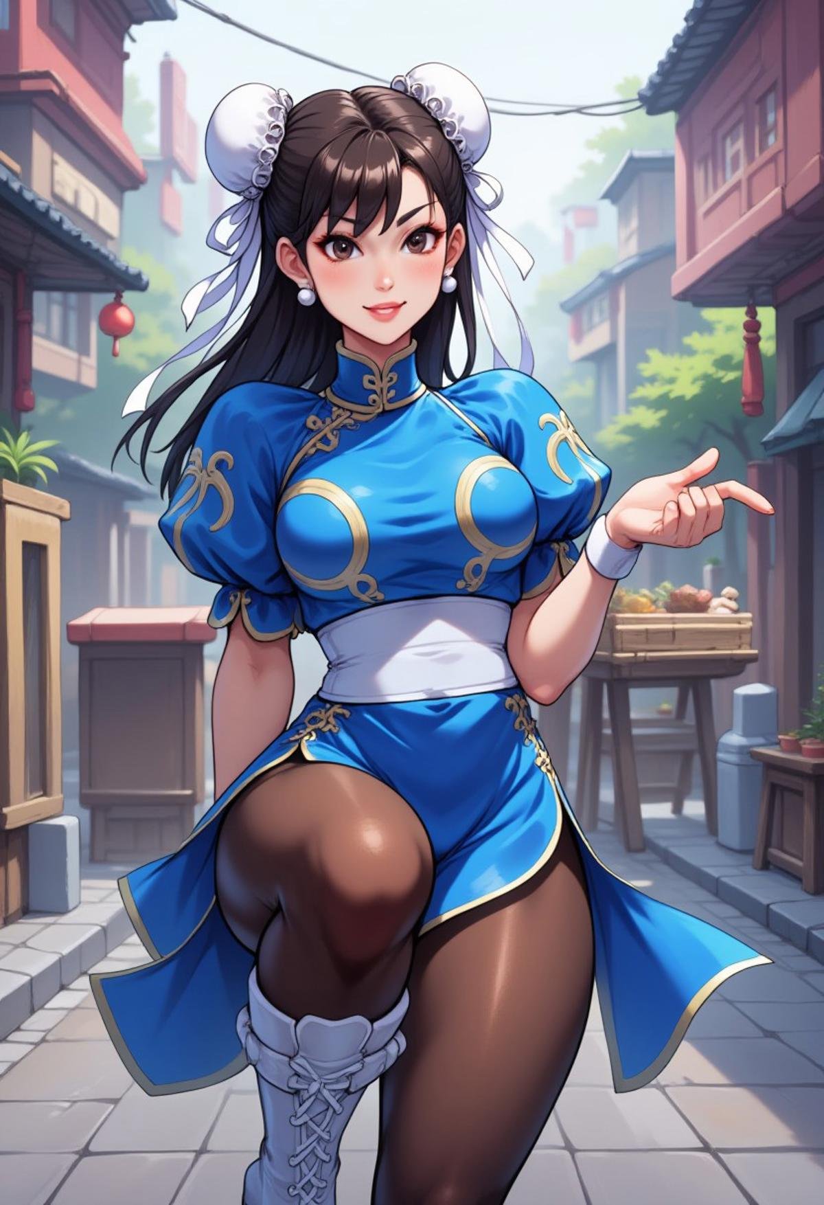 Anime image of Chunli wearing a blue chinese dress, pantyhose, pelvic curtain, on one foot, kneehigh boots, leg raised, focus on the sole of the boot