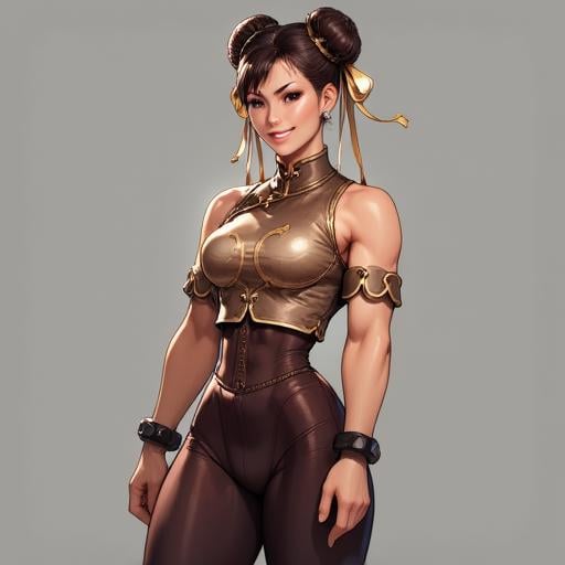 An upper body image of Chunli wearing a sleeveless top and tight legging, with a smile.