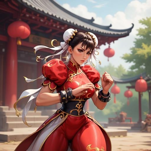 An image of Chunli  in her battle stance, wearing her chinese dress, with a temple background