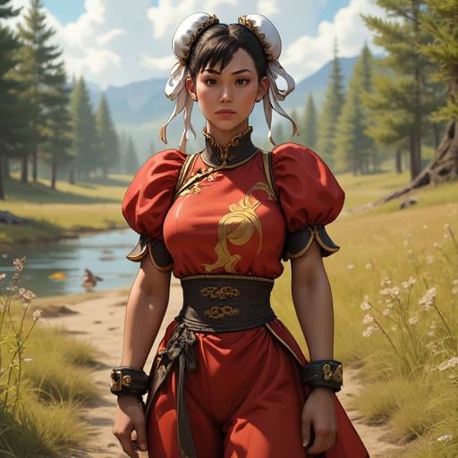 A semi-realistic cowboy shot picture of Chunli in a nature background.