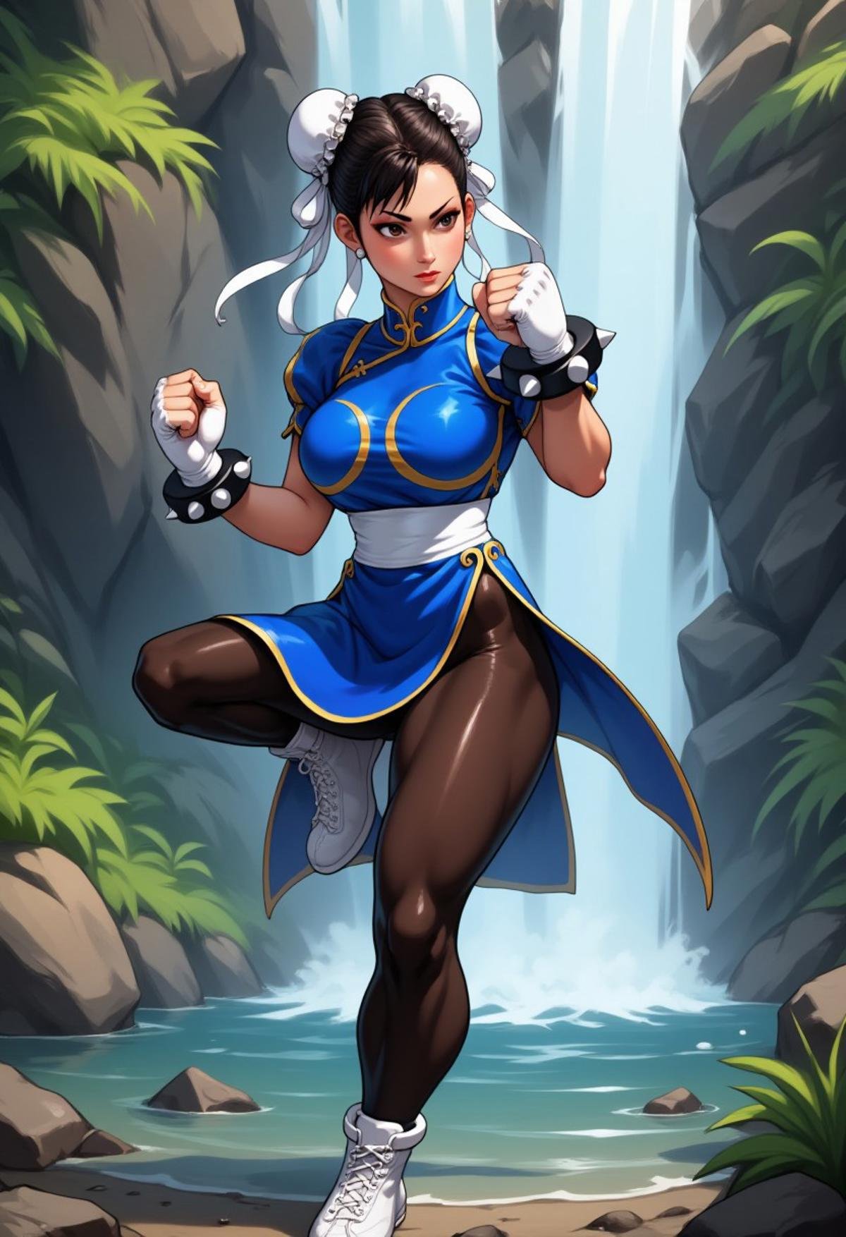 Chunli on one foot, leg up, blue chinese dress, pelvic curtain, pantyhose, spiked bracelet, nature background, waterfall, defensive stance. kneehigh boos