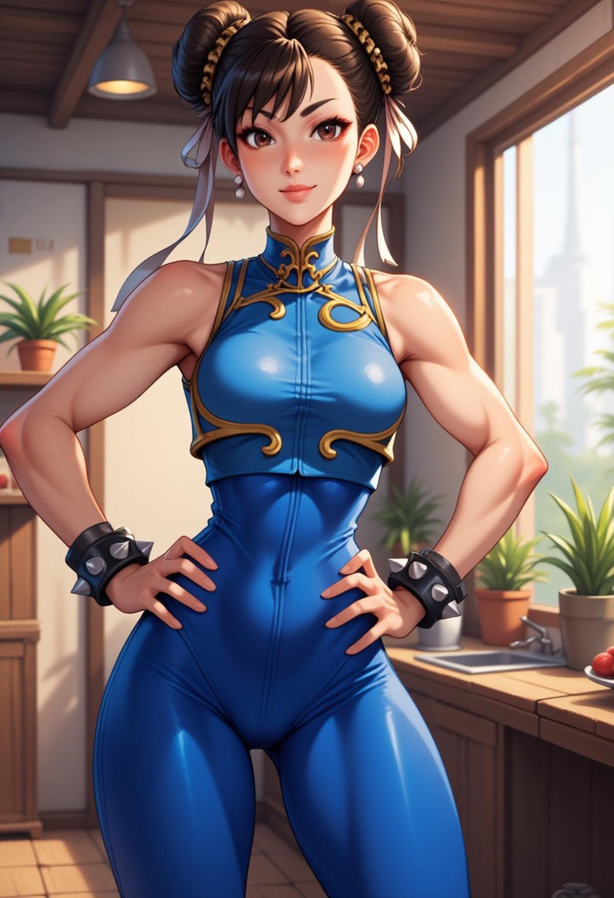 Anime image of Chunli wearing sleeveless blue top, tight blue leggings, hands on hips, spiked bracelet, full body, indoors